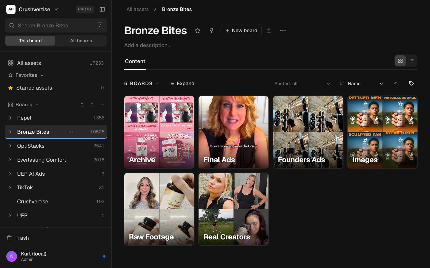The Bronze Bites board with six sub-board cover cards: Archive, Final Ads, Founders Ads, Images, Raw Footage and Real Creators