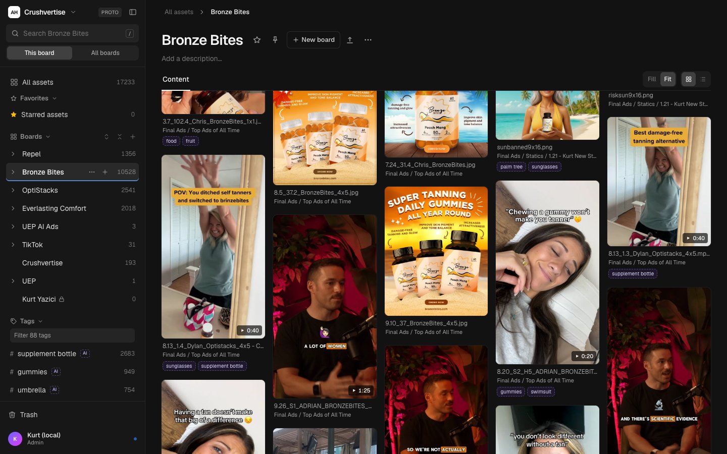 ReelDrive grid of the Bronze Bites board expanded: ad statics, lifestyle shots and creator video ads with duration badges, in mixed aspect ratios
