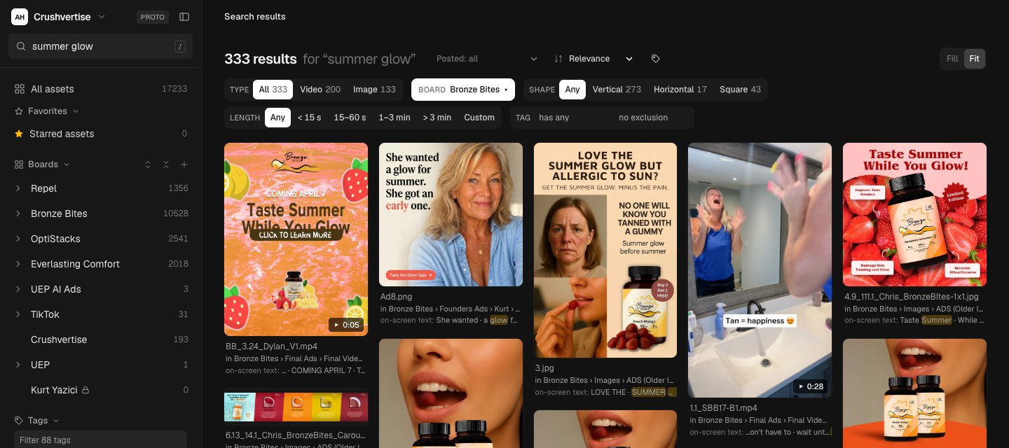 Search results for 'summer glow' across the Bronze Bites board: videos, ad statics and carousels