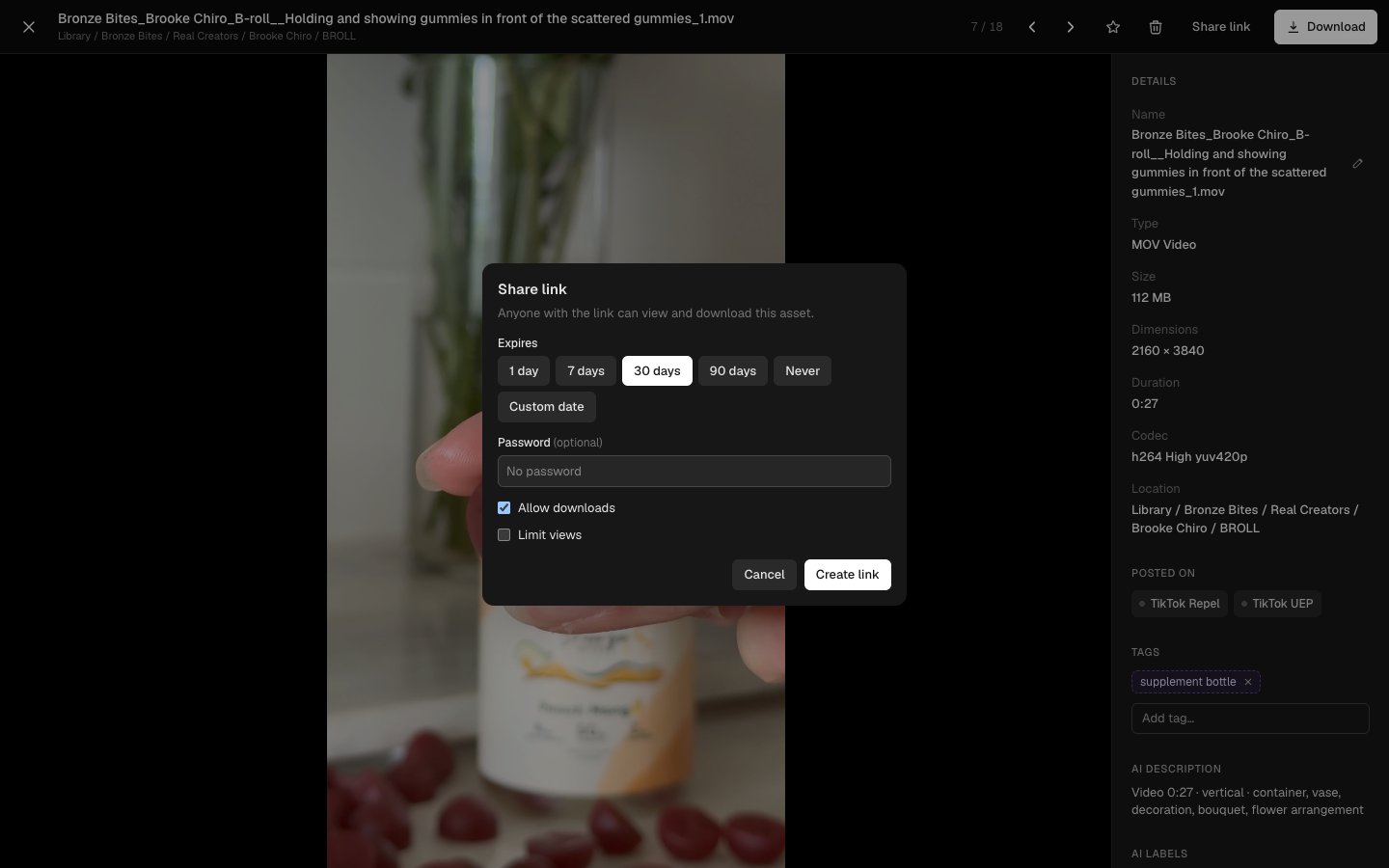 The share link dialog with expiry options, opened on a Bronze Bites video